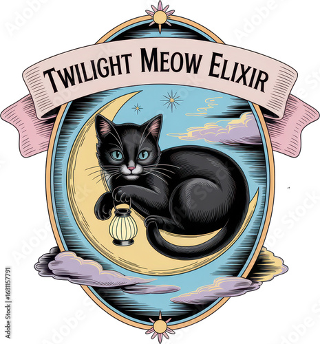 An enchanting vintage style label features a black cat with bright eyes sitting serenely on a crescent moon clutching a glowing lantern
