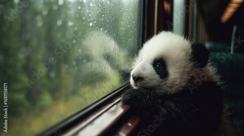 Panda cub by a train window on a rainy day