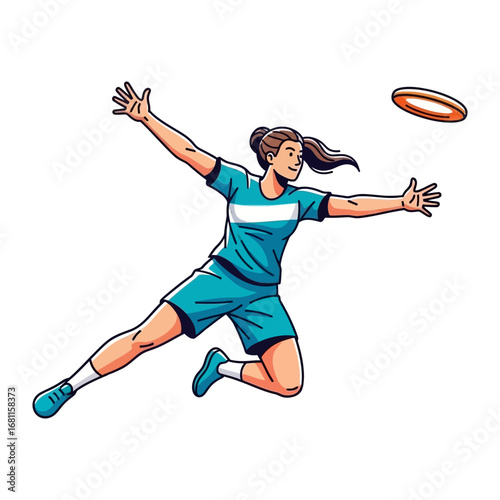 Leaping to Glory: A dynamic illustration captures a woman mid-air, joyfully reaching for the disc in a vibrant display of athleticism and recreational fun.