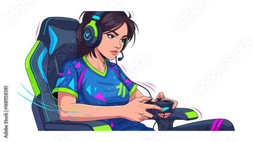 Level Up: A determined woman gamer intensely focuses on her screen while immersed in the virtual world.