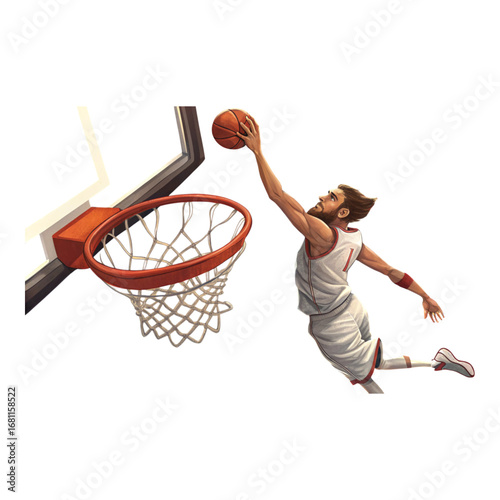 A basketball player in a white uniform leaps towards a basket with a ball in his extended hand ready to dunk
