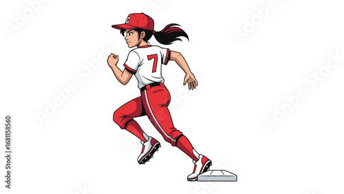 Dynamic Base Runner: A determined softball athlete sprints towards the base, showcasing agility and athleticism, a photorealistic image of sportsmanship, ambition, and teamwork.