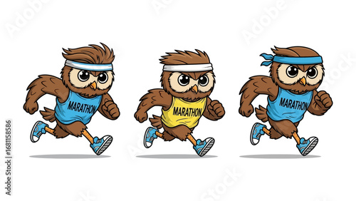 Owl Marathon Runners: A playful illustration depicts three determined owl athletes in sportswear, mid-stride on a marathon, epitomizing dedication.