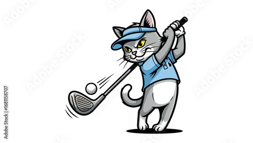 Playful Cat's Golf Game: A whimsical illustration of a cartoon cat, fully engaged in the sport of golf, teeing off with a confident swing. The image exudes a sense of fun and lighthearted competition.