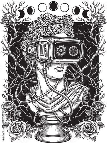 Virtual reality classical statue fusion with headset and cables surreal