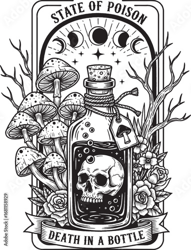 Vintage Poison Bottle Surrounded by Mushrooms and Skulls with Mystical Moon Phases