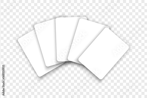 Empty white five poker card combination mockup isolated on transparent background. Blank playcards layout. Casino game concept. Vector realistic illustration.