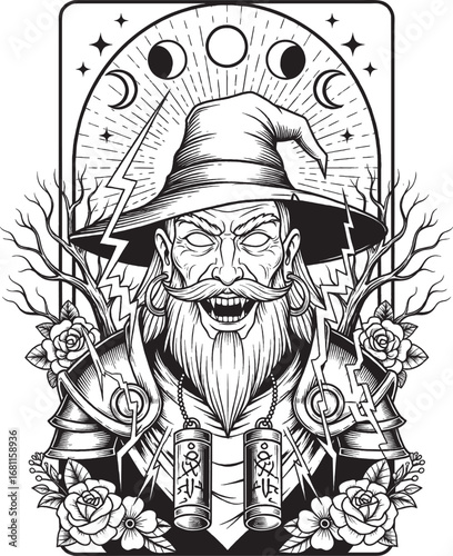 Fantasy wizard with mystical symbols and moon phase illustration in black and white