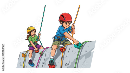 Conquering Heights Together: Two young climbers ascend a rock wall, demonstrating teamwork, bravery, and the pursuit of goals.