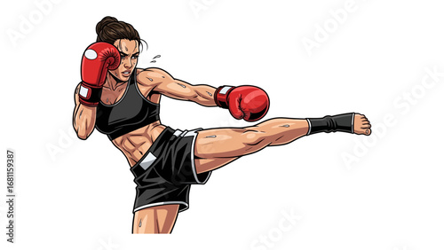 Empowered Kick: A fierce and determined woman, embodies strength and discipline as she delivers a powerful kick, her focused gaze highlighting unwavering dedication in the realm of martial arts. 