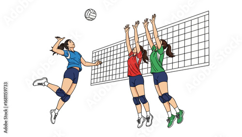 Volleyball Match: Action-packed moment of a volleyball game, with players skillfully spiking and blocking the ball over the net, showcasing the energy and competition of the sport.