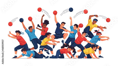 Dynamic Dodgeball: A vibrant illustration captures a high-energy dodgeball match, with diverse players in action, showcasing the fun of sports and the thrill of teamwork.
