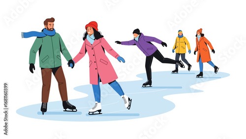 Ice Skating Bliss: A group of friends and couples glide gracefully on a frozen pond, creating a joyful and active winter day. Capture the moment with fun and togetherness