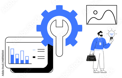 Gear and wrench over data chart, man holding lightbulb conveying creativity and tools for innovation. Ideal for success, analytics, technology, strategy, productivity, repair, creativity themes
