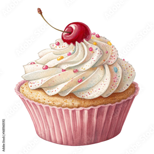 A watercolor illustration of a cupcake with white frosting and a cherry on top in a pink wrapper