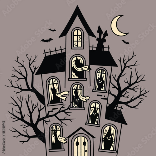 Spooky haunted house with ghosts and bats for halloween night celebration