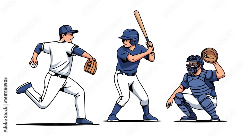 Φωτογραφία Baseball Players in Action: Dynamic cartoon image depicting the energy of baseball game, featuring three players in action