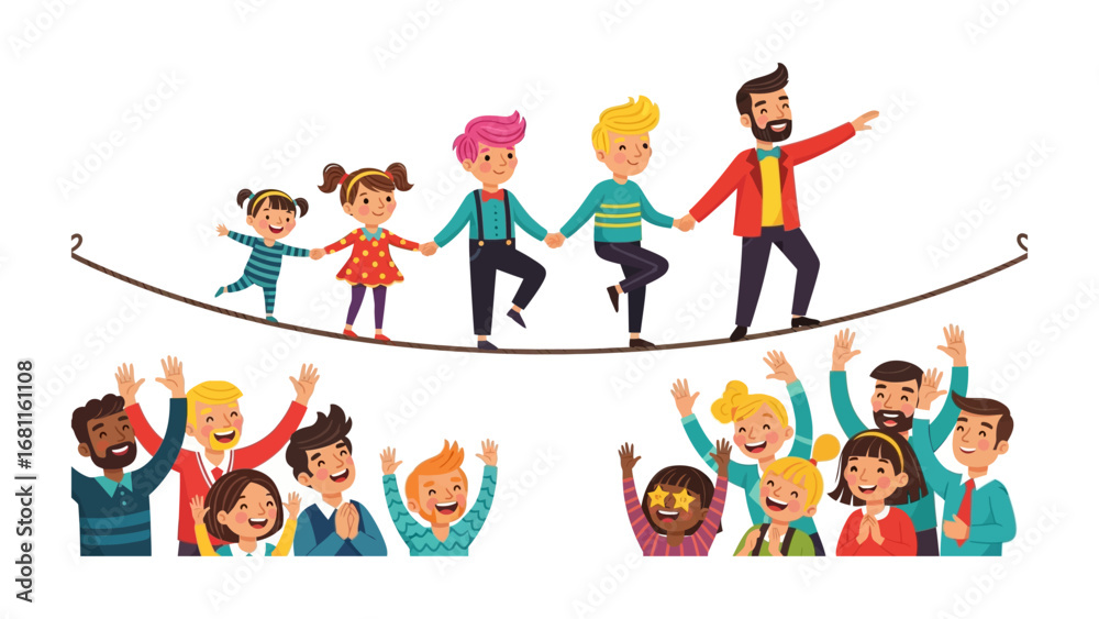 Fototapeta premium Balancing Act: A group of diverse children and an adult navigate a tightrope together, symbolizing teamwork, trust, and courage, while being cheered on by an enthusiastic crowd.