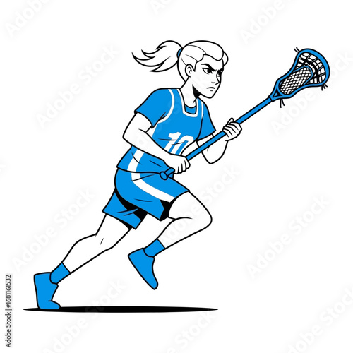 Lacrosse player illustration: A dynamic illustration of a female lacrosse player in action, showcasing her determination and skill as she charges forward with the lacrosse stick