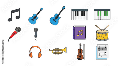 Musical Instruments: A vibrant collection of musical instruments, each rendered in a clean, clear illustrative style. Featuring a musical note, electric guitars, piano keyboards, microphone, drum.