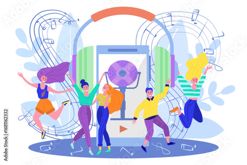 Cheerful People Dancing with Music on a Mobile Device
