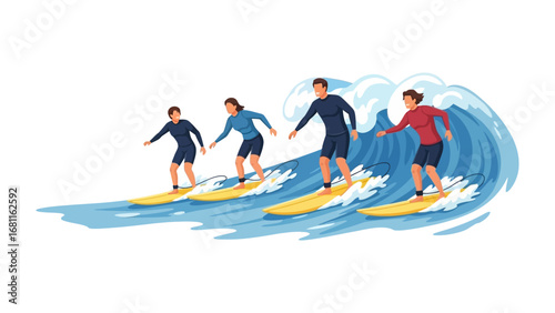 Surfing the Waves: A group of four individuals conquer the crest of a powerful wave, showcasing balance, skill, and the thrill of surfing against the backdrop of the boundless ocean.
