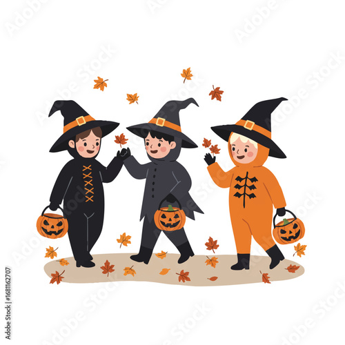 Cheerful flat 2D vector illustration shows three happy children dressed in Halloween costumes, each with a pumpkin basket, walking a path strewn with vibrant autumn leaves.