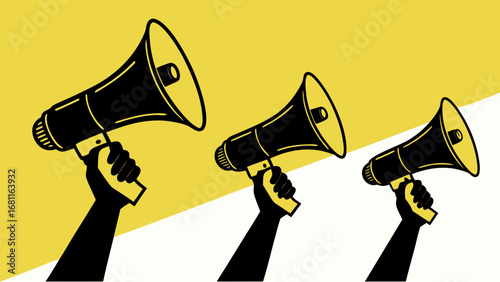 black megaphone silhouettes yellow background communication announcement protest illustration design and isolated on white background.
