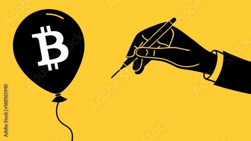 bitcoin bubble burst cryptocurrency market volatility illustration yellow background concept illustra