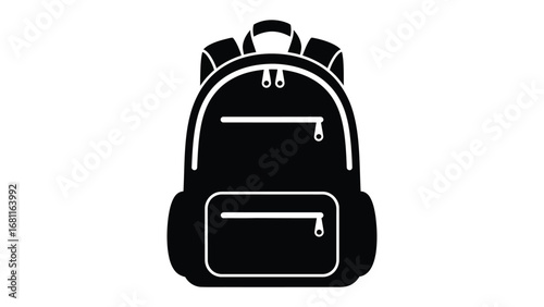 Sleek Backpack Silhouette: A minimalist black silhouette of a classic backpack, perfectly poised against a clean backdrop, evoking the essence of education, travel, and everyday journeys.