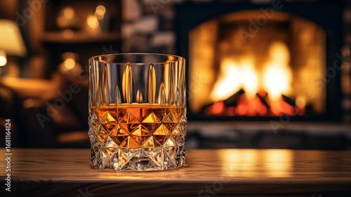 Relaxing evening by the fireplace with a glass of whiskey on a wooden table in a cozy living room