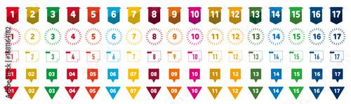 SDGsカラーの数字アイコンセット。白背景にベクターイラスト。