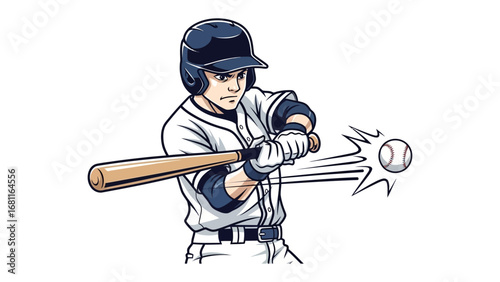 Baseball Player Striking the Ball: A determined baseball player swings a bat with powerful motion, connecting with the ball and launching it into the air in a dynamic cartoon illustration.