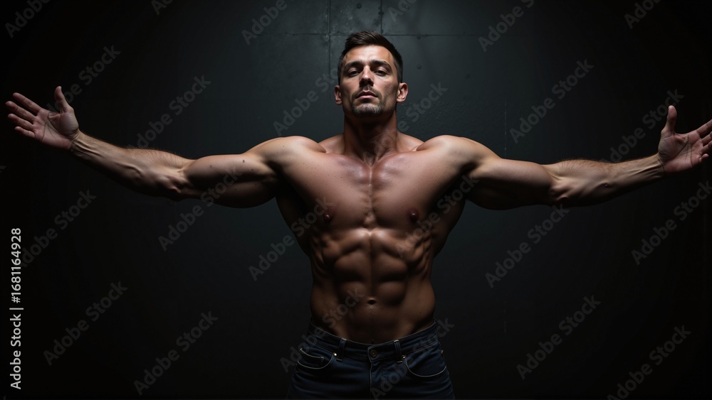 Obraz premium Strong muscular man posing shirtless with arms extended wide in dark dramatic lighting