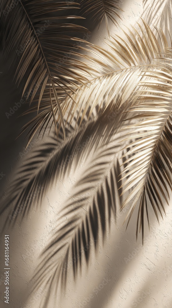 Fototapeta premium Golden palm fronds casting shadows on textured wall in soft light close up botanical tropical nature aesthetic