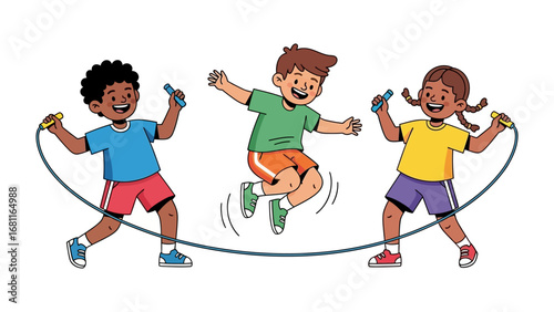 Jump for Joy: Three diverse children skip rope together, embodying the essence of friendship and playful exercise. The image captures the vibrancy and energy of childhood play.