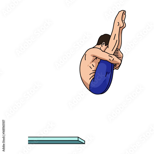 Diver Performing a Somersault: An illustration of a male diver executing a graceful somersault off the diving board, showcasing skill and athleticism.
