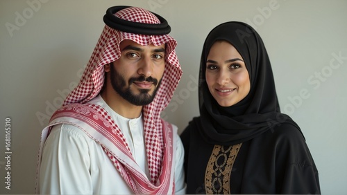 Smiling Middle Eastern couple in traditional attire, man wearing keffiyeh and thobe, woman in black abaya with golden embroidery