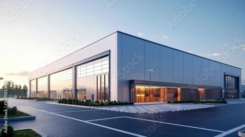 Wallpaper Mural Modern industrial building in a suburban area under a clear evening sky with glowing windows and landscaped surroundings Torontodigital.ca