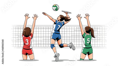 Volleyball Action: A dynamic illustration captures the essence of volleyball with a focused player spiking the ball, while two others prepare for the game. Focus on teamwork and competition