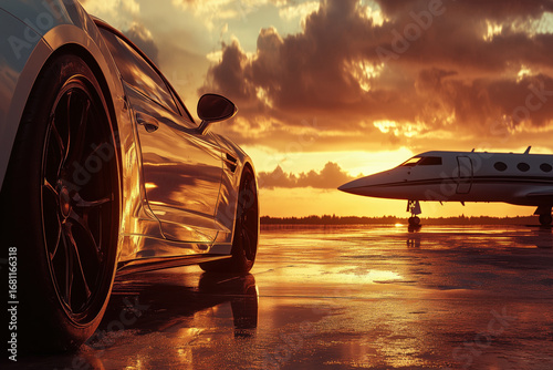 Luxury sports car parked on wet runway reflecting sunset sky, private jet standing in background, emphasizing concept of wealth, travel, and exclusive transportation