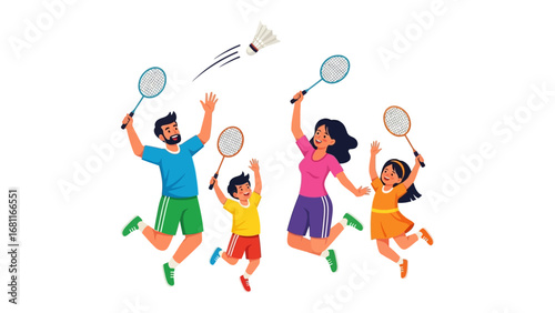 Family Badminton Fun: An energetic family revels in a game of badminton, with vibrant rackets and a shuttlecock soaring through the air, embodying health, happiness, and the joy of outdoor activity.