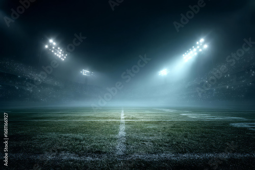 An empty football stadium at night with bright floodlights shining through mist onto the grassy field.