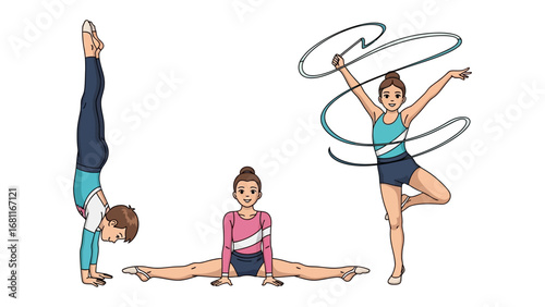 Rhythmic Gymnastics Demonstration: Three young athletes showcase elegant dance routines, expressing the grace and precision of rhythmic gymnastics through stylized performance.