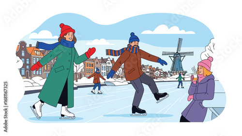 Winter Wonderland Ice Skating: A festive illustration captures the joy of ice skating on a winter's day, set against a backdrop of snow-covered landscapes and a charming windmill.
