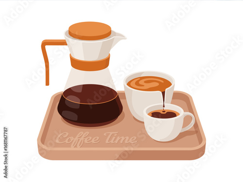 Coffee Time Still Life with Carafe and Cups on Tray Illustration Graphic Design Element for Breaktime and Morning Routine Promotion