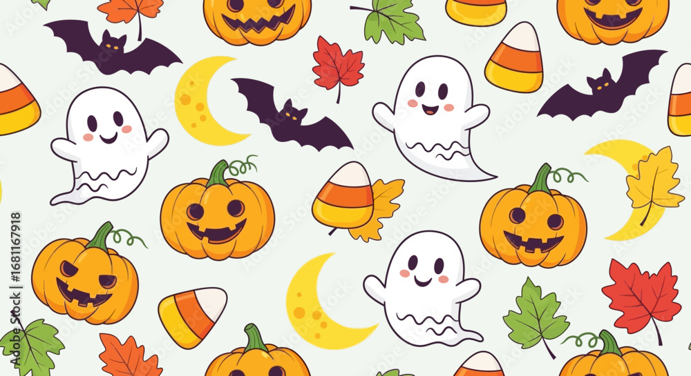 Obraz premium Cheerful Halloween Vector Background with Pumpkins and Ghosts