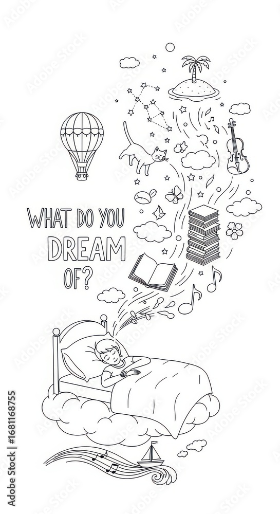 Fototapeta premium Illustrative coloring page with dream elements emerging from a sleeping child