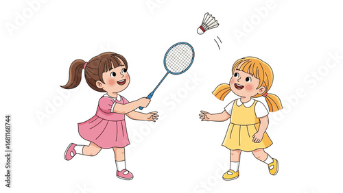Joyful Game of Badminton: Two young girls are immersed in a spirited badminton match. The illustration captures the motion and playfulness of their friendly competition. 