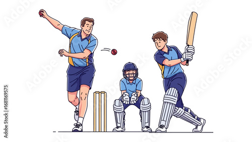 Cricket Action Illustration: A vibrant illustration captures the dynamism of a cricket match, depicting key moments from a bowler's delivery to a batsman's swing.